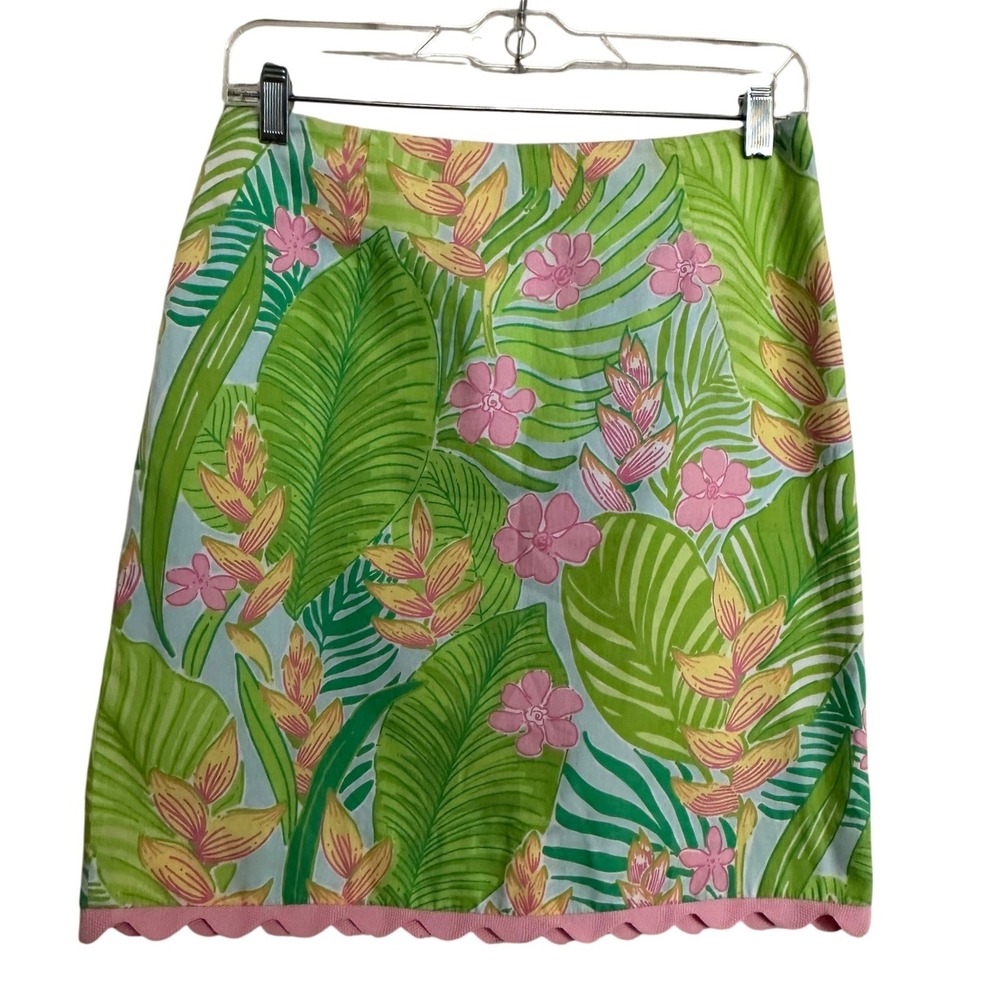 Lilly Pulitzer Y2K Floral Ric Rac Trim Mini Skirt Green Pink Tropical 2 EUC